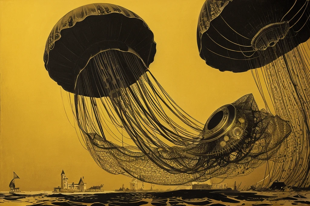 very large,one jellyfish,monochrome,old painting,yellow background,Rantan,castle