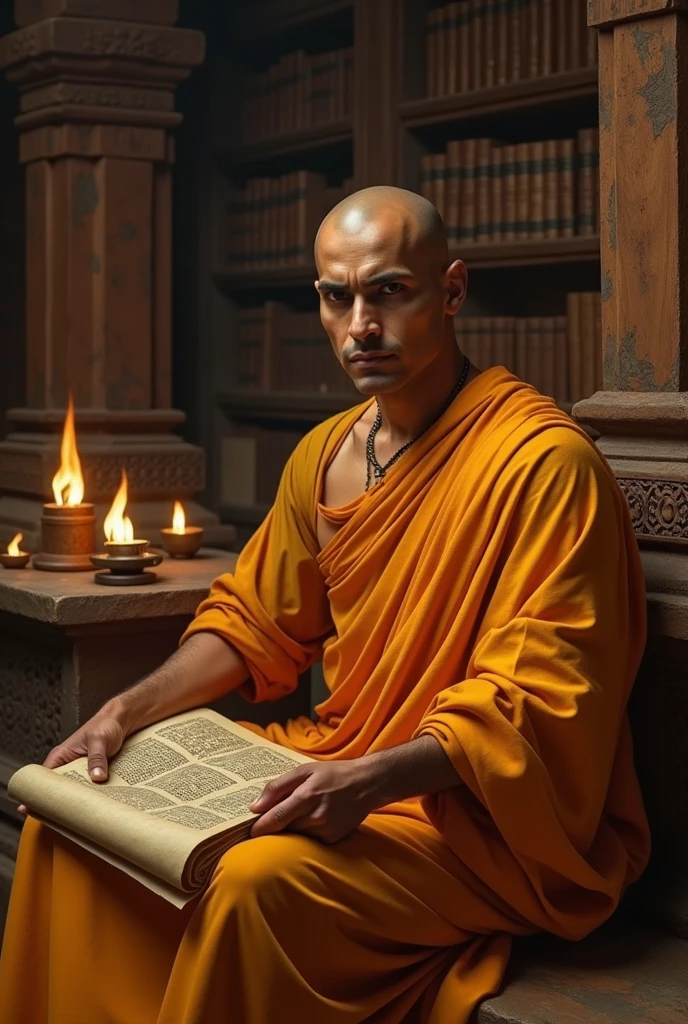 Chanakya, also known as Kautilya or Vishnugupta, is typically depicted as a stern and intelligent figure, embodying wisdom and authority. He is often portrayed with a shaven head, save for a single topknot at the back, symbolizing his scholarly status. His facial features are sharp, with a serious expression, and he is usually shown wearing a simple traditional robe, often in saffron or white, indicating his ascetic lifestyle. Chanakya is sometimes depicted holding a scroll or manuscript, representing his authorship of the "Arthashastra," an ancient Indian political treatise. His posture is often meditative or reflective, emphasizing his role as a teacher and advisor. These depictions are meant to convey his profound influence on Indian history as a strategist and philosopher.