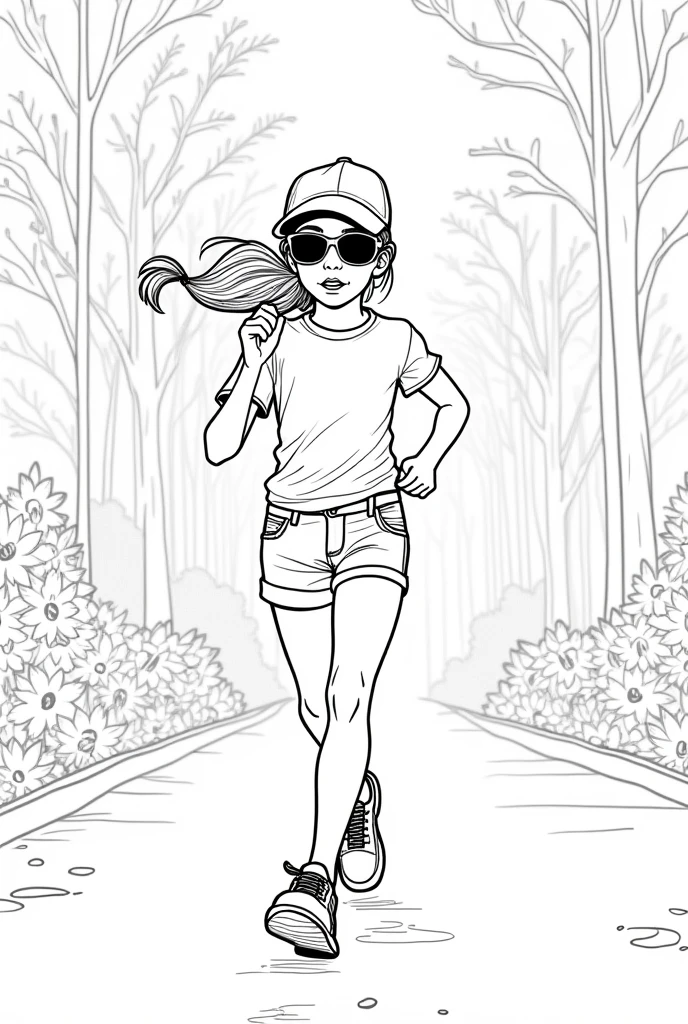 You are the manager of the Zara brand.. Create a children&#39;s coloring illustration with fashionable clothes elements for girls:: The picture is black and white, so that the children can color it themselves . girl in a cap, short shorts and a T-shirt, Kedah, hair pulled back into a long ponytail, I have iPhone earphones in my ears, which sticks out of the pocket, in sunglasses - jogging along an alley of fantastically beautiful flowers and trees. That same girl, but a side view and without glasses, but the weather is rainy . That same girl, but in profile and without glasses he runs down the street. it&#39;s raining 