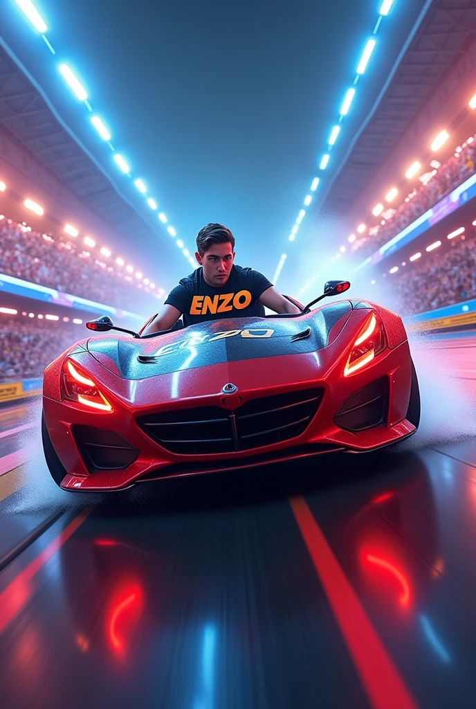 rocket league car with a human with the t-shirt written enzo the bg