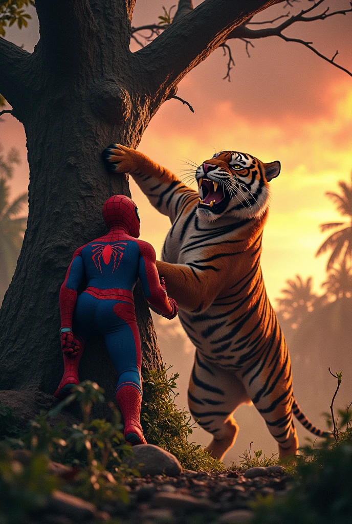 The tiger lands a powerful hit, sending Spider-Man crashing into a tree. He tries to get up but is too weak. The tiger stands victorious, roaring as the camera zooms out, showing Spider-Man lying defeated on the ground.