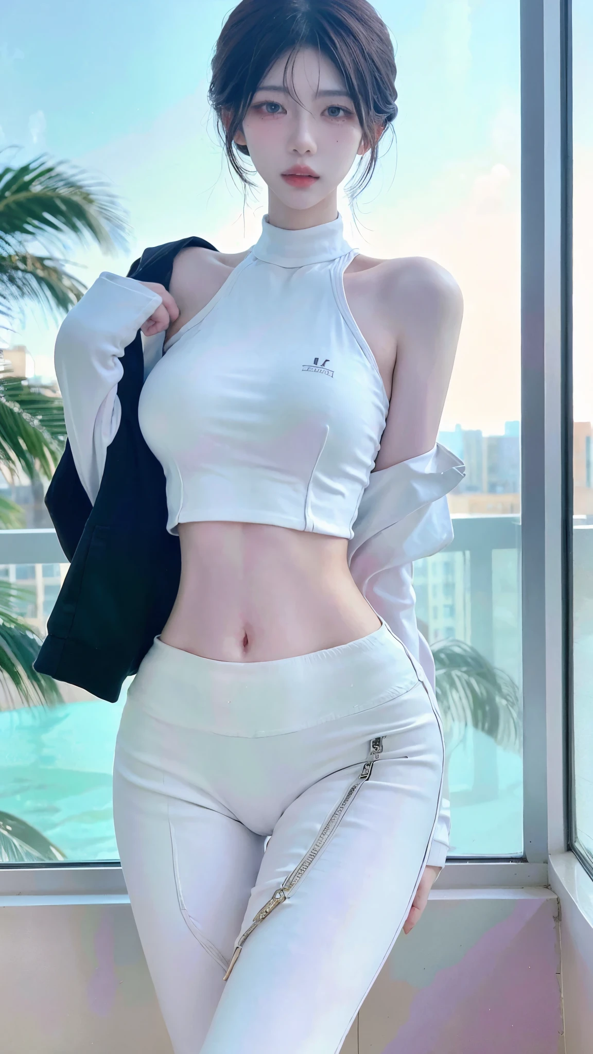 Beautiful woman with perfect figure:1.4，4K，Yoga background，Ultra-high resolution，Seductive laughter，white腿，(Lifelike:1.4)，Layered hairstyle，white皮肤，Yoga Pants，whole body，Very delicate face and skin texture，Double eyelids，皮肤美white，Long hair，white发，white，