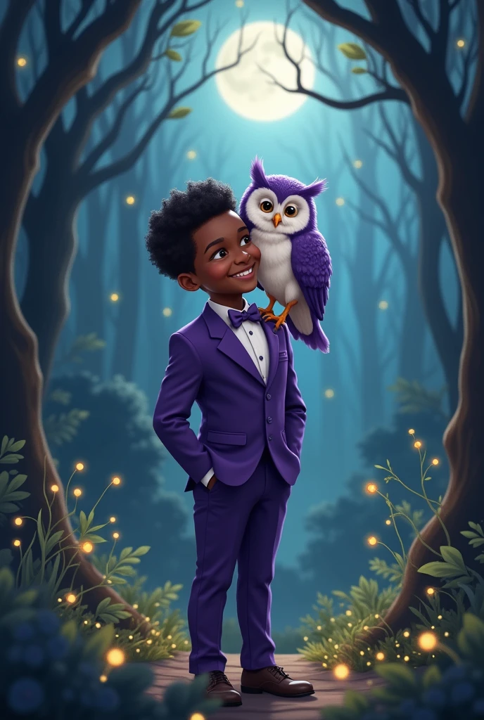 Owl and a black boy in a purple suit 