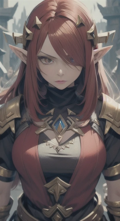 Masterpiece, best quality, mythical, Alluring, princess Zelda, Red hair, red eyes, Hyrule, legendary Triforce,  armor, looking at viewer pissed, judgemental glare, POV,  SFW,