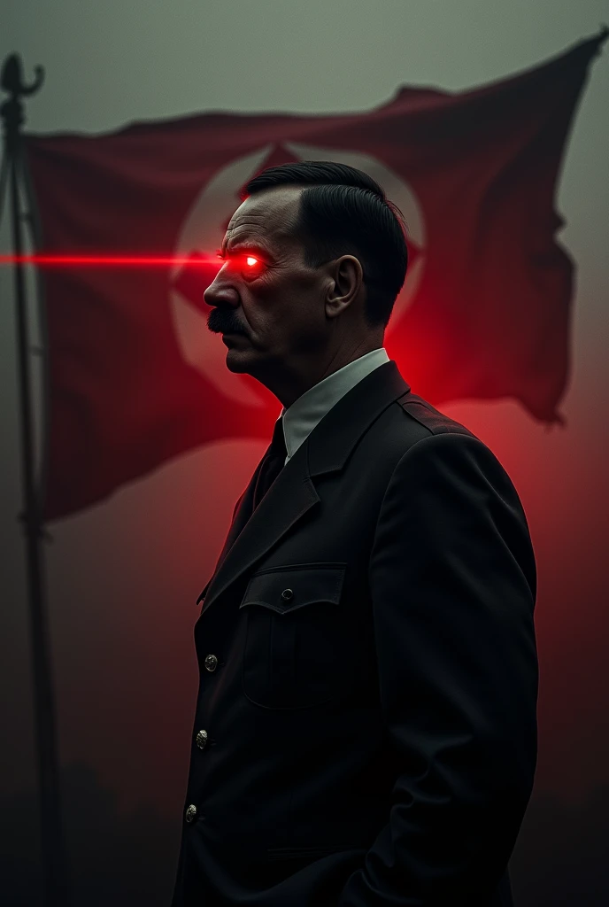 An Hitler profile with laser eyes and back side of him is a nazi flag