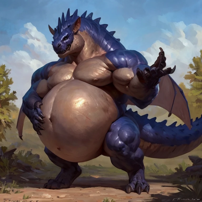 Detailed painting, by Taran Fiddler, dragoness, full body, feral, dainty, friendly, colorful, rounded snout, wings, pregnant, round belly, dominant belly, huge belly, bloated belly, big muscles, wide body, thick body muscles, powerfull muscles, beefy muscles, thick neck, beefy neck, tall, enormous, giant, gigantic, gargantuan, kaiju, powerfull look, badass look