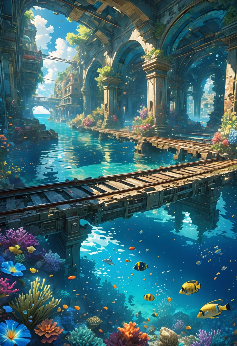 score_9, score_8_upper, score_7_upper,(((an underwater city))),Sea,seabed,A city sunk to the bottom of the sea,train,ruins,beautiful海,Sunken rail,(((Blue overall color))),summer,Streaks of light from the water surface,(masterpiece, Highest quality, Highest quality, Official Art, beautifull, beautiful:1.2,Ray Tracing),Very detailed,Blue tones,Very detailed, (Fractal Art:1.3), Most detailed, High resolution, Impressive visuals, (Dynamic Stripes, Light trail:1.2), Detailed Images