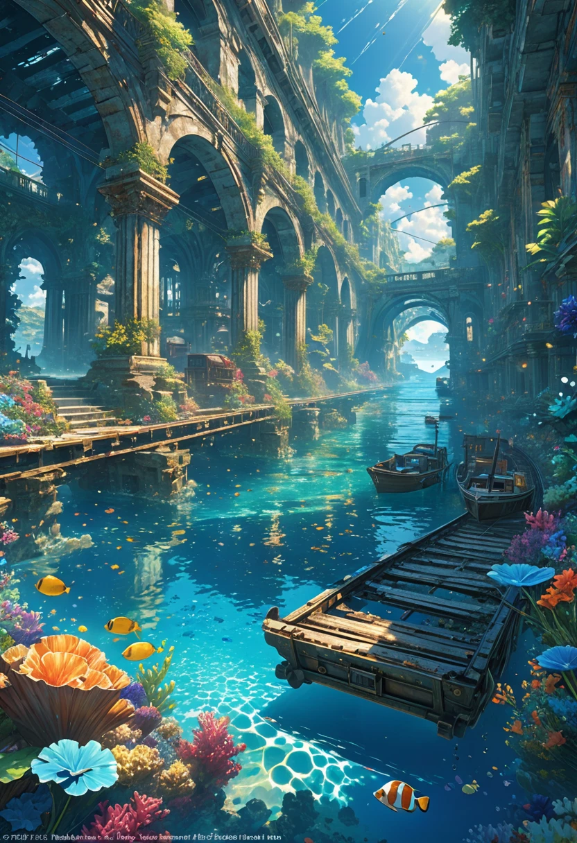score_9, score_8_upper, score_7_upper,(((an underwater city))),Sea,seabed,A city sunk to the bottom of the sea,train,ruins,beautiful海,Sunken rail,(((Blue overall color))),summer,Streaks of light from the water surface,(masterpiece, Highest quality, Highest quality, Official Art, beautifull, beautiful:1.2,Ray Tracing),Very detailed,Blue tones,Very detailed, (Fractal Art:1.3), Most detailed, High resolution, Impressive visuals, (Dynamic Stripes, Light trail:1.2), Detailed Images