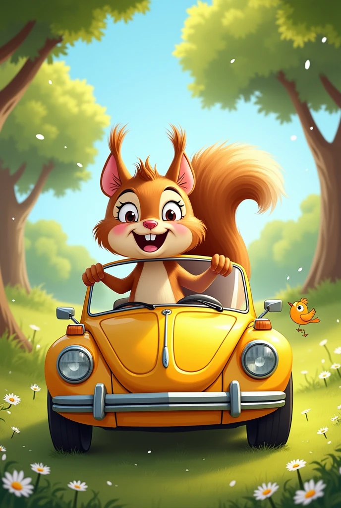 squirrel wit yellow car
