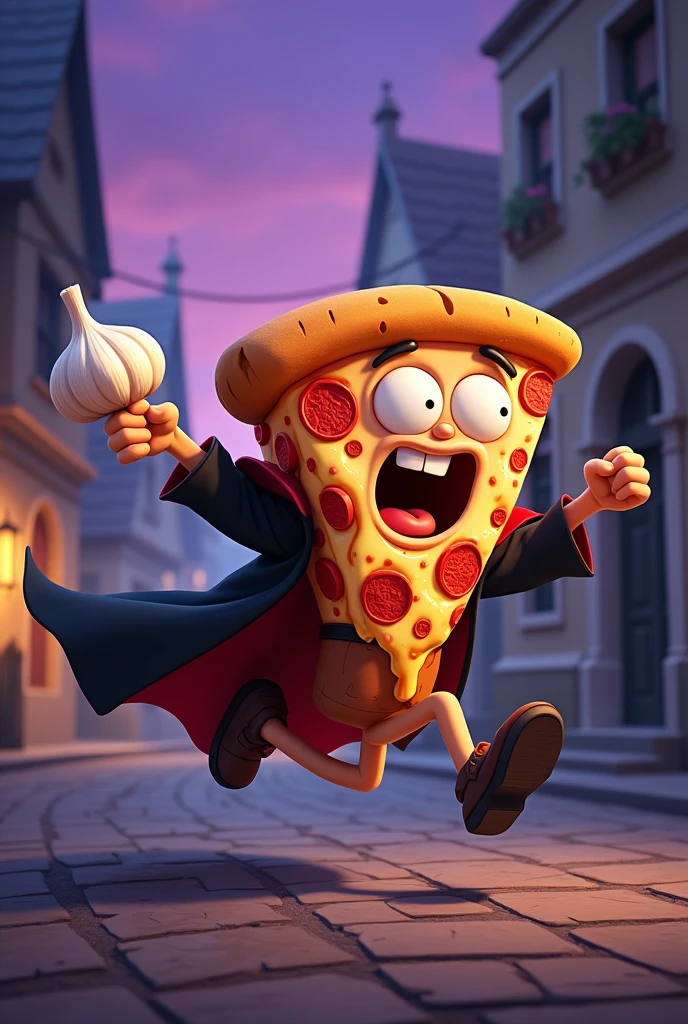 Produces an image of a slice of pizza,with a garlic in his hand running after a scared vampire made in 2D animation