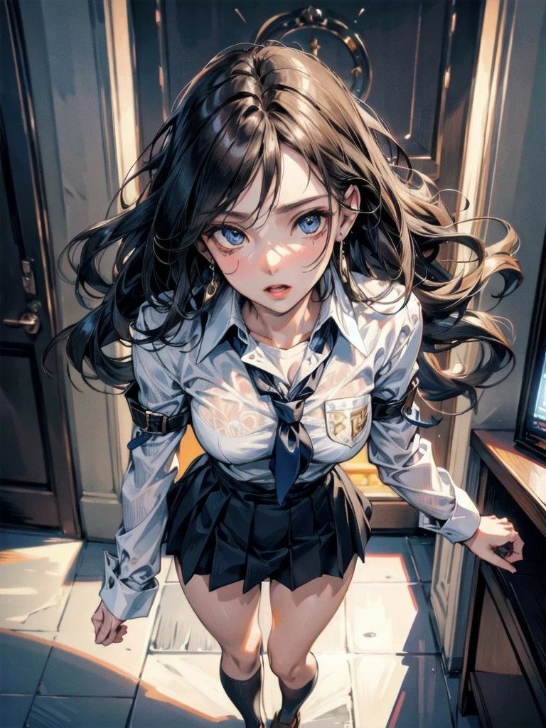 full body shot, absurdres, RAW photo, extremely delicate and beautiful, masterpiece, Best Quality, ultra high resolution, 32k, hyperrealistic, realistic, photorealistic, photo-realistic, ultra-detailed, Very detailed CG 8k wallpaper, detailed background, landscape, Beautiful Lighting, Perfect Lightning, Realistic Shadows, perfect anatomy, anatomically correct, ideal ratio body proportions, perfect figure, Perfect Style, Perfect balance, super Detailed skin, in her 30s, very Slim body, narrow waist, very small head, very small face, delicate facial features, handsome detailed woman, very detailed eyes and face, realistic face proportions, Realistic beautiful face, Realistic beautiful eyes, tearful mole, earring, (very huge round tits), medium hair, asymmetrical hair, wavy hair, (school uniform), dress shirt,