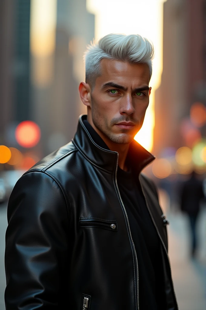 A 34 year old man with white hair and green eyes in 4k