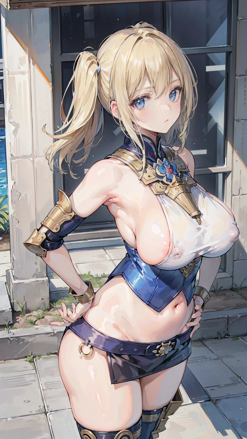 (8k, Highest quality, masterpiece:1.2),\(Eye details\),\(Facial Features\),(\(Clothing Details\)\),whole body,,(Face focus) ,Very detailed CG ユニティ 8k 壁紙, Large file size, Very detailed, High resolution, Absurd, Beautiful Eyes, Ray Tracing, Dramatic Shadows, On all fours, Rear view, Recall, The finer details ,Dramatic angle, Hyper Detail,(1:1.3),(alone),Mature Woman, , maternal,(Blondie:1.2), Twin tail hairstyle, Air Van, Tall body, Silk Armor,(breastplate:1.3),Pegasus Knight, Huge breasts, Puffy nipples:1.4, Large Breasts, Saggy breasts, Narrow waist,(Hands on hips:1.2),Serious expression, Observe your audience,