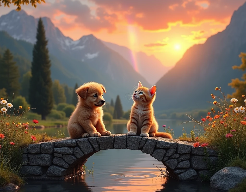 Masterpiece,Best composition,Photorealistic,Italian house,puppy and kitten sitting on stone bridge over creek watching sunset,back,cute tail,sunset over mountains,rainbow hanging.