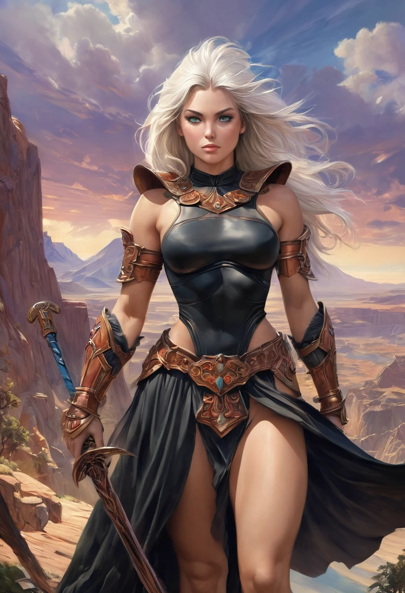 A female warrior explores an exotic landscape, wandering many miles on her long journey,
she maintains a sense of wonder as she gazes at her surroundings. The image should be in the painting style of classic fantasy artists such as frank frazetta, Julie bell, Boris Vallejo and brom. , a female warrior, pale skin, She has (long straight white hair) and green colored eyes, muscular body. She wears (black top with copper trim:1.2), (black pelvic curtain:1.2), the pelvic curtain drapes between her legs occasionally catching the slight breeze, bare arms, midriff, black shoulder pads with copper trim, fur trimmed boots, copper bracers, gemstones embedded in her armor. (perfecteyes eyes). Eternia background, multicolor sky, cloudy sky, . She stands firmly on the ground a wide stance, ready to fight. dynamic exaggerated poses.(best quality,4k,8k,highres,masterpiece:1.2), ultra-detailed, (realistic,photorealistic,photo-realistic:1.37),(Numerous award-winning masterpieces, incredibly detailed and textured, maximal resolution and clarity), (Hyper-realistic:1.4),face enhancer v3.0, (Realistic:1.3), super quality, beautiful detail, super detailed, extra fine, 16K, exquisite, absurd, high resolution, masters of the universe, (best quality,4k,8k,highres,masterpiece, colorful, vibrant colors:1.2)
