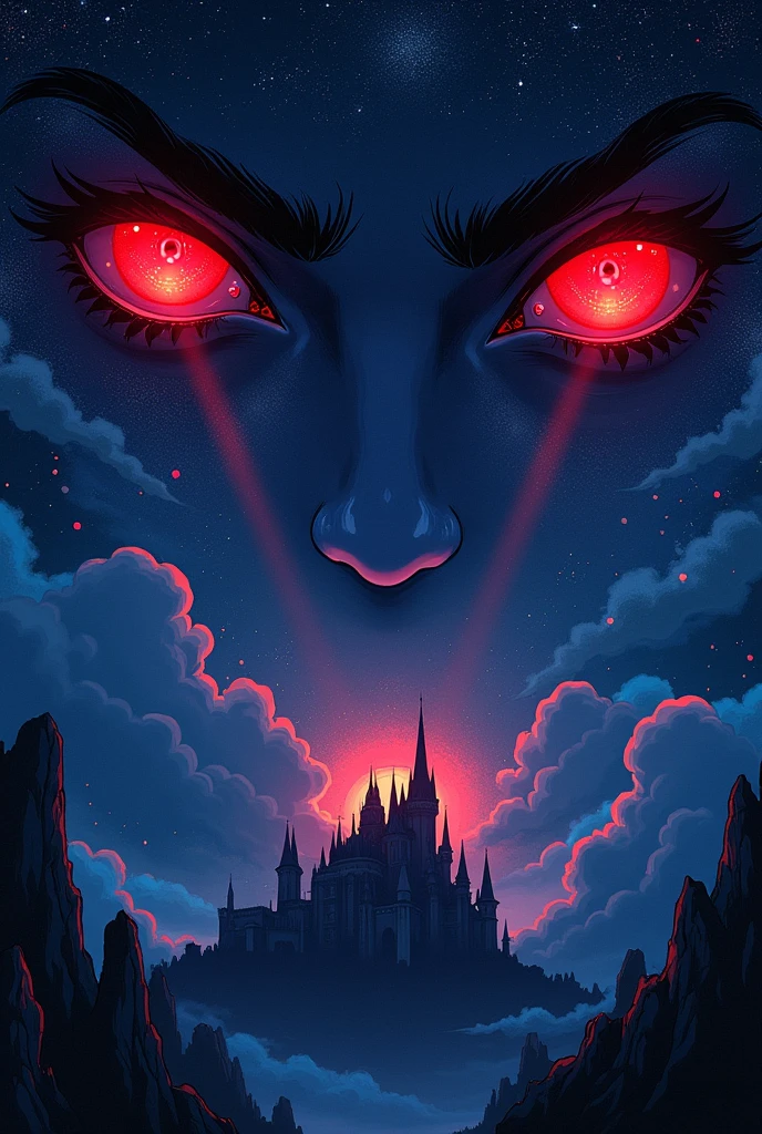 a comic anime picture of a ((of 2 glowing red eyes: 1.3)) formed in the night sky full of  stars, BREAK a ((2 of vampire fangs: 1.3))  formed in the night sky ((full many of stars, shining stars: 1.5)), dark goth fantasy castle background,Ultra-high resolution, High Contrast, (masterpiece:1.5), highest quality, Best aesthetics), 16K fantasy art, best details, best quality, highres, (ultra wide angle: 1.2), 16k, [ultra detailed], masterpiece, best quality, (extremely detailed)