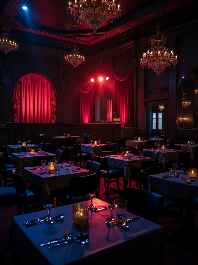 there is a room with tables and chairs and a projector screen, detailed an empty jazz cafe, ballroom background, random background scene, neo - noir setting, red room, nightclub, stage background, vip room, rich atmosphere, theatrical scenery, theater stage, empty stage, palatial scene, fancy restaurant, rich cinematic atmosphere, va-11 hall-a