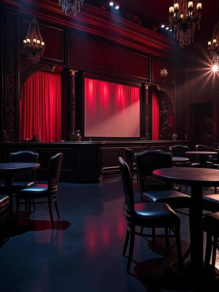 there is a room with tables and chairs and a projector screen, detailed an empty jazz cafe, ballroom background, random background scene, neo - setting, red room, nighub, stage background, vip room, rich atmosphere, theatrical scenery, theater stage, empty stage, palatial scene, fancy restaurant, rich cinematic atmosphere, va-11 hall-a
