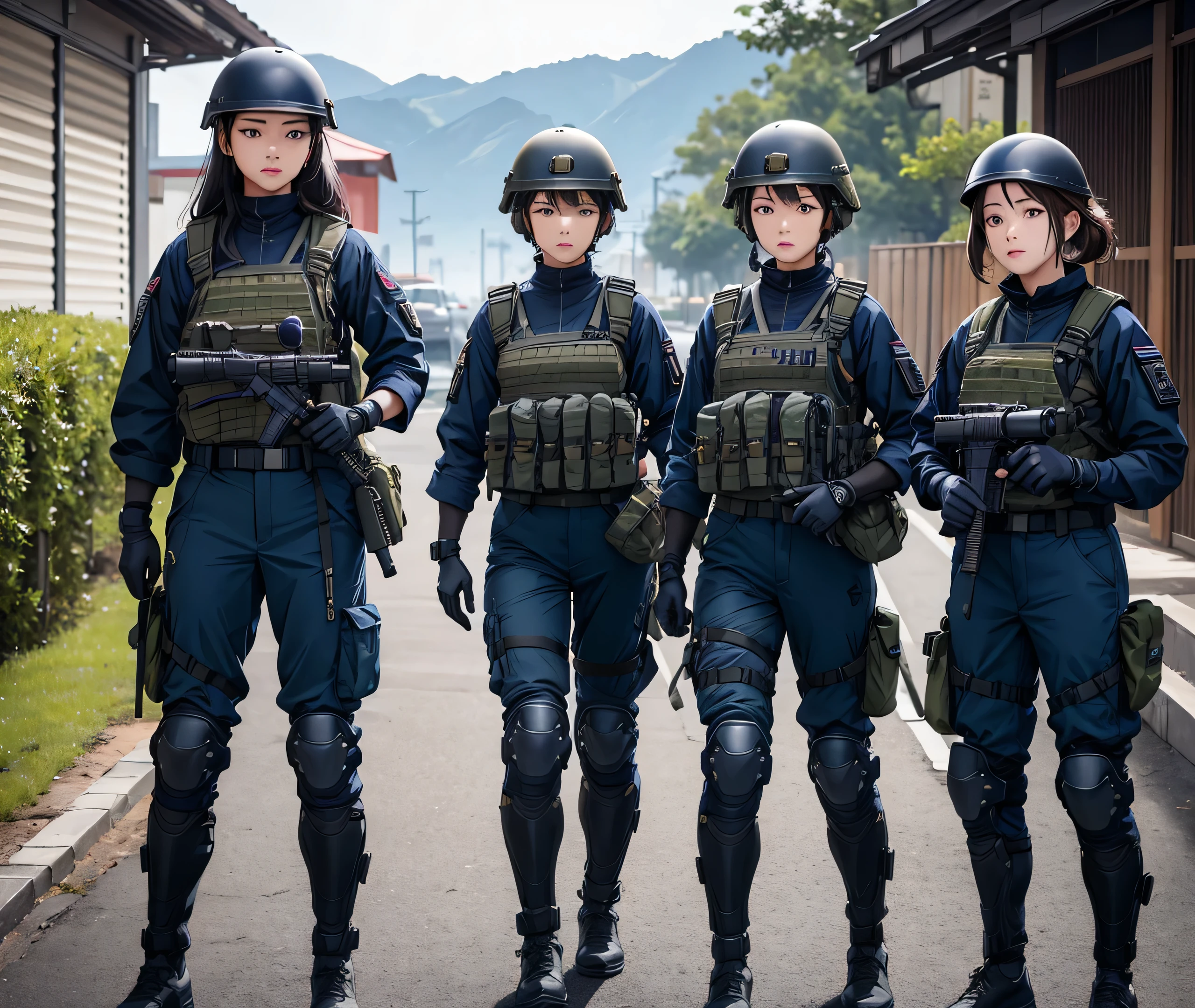 Four female special forces soldiers wearing helmets，Navy blue uniforms、Military Pants、Magazine Pouch、Tactical Shoulder Strap、Knee pads、Standing side by side、Write details、masterpiece、best quality、Highly detailed CG、8K picture quality