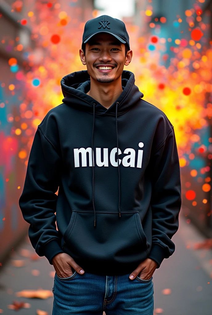 a full body picture of tanned japanese man, wearing black baseball hat, wearing black hoodie write "MUCAI" on long cut hoodie and blue jeans, back ground is colorful, vibrant, ((Masterpiece, Top Quality, High Resolution, Photorealistic, Raw, 8K)), standing and facing forward, smilling, realistic