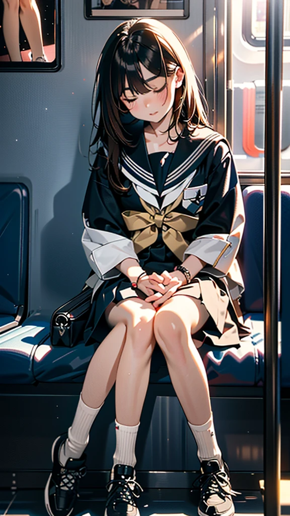 (8k, RAW Photos, 最high quality, masterpiece:1.2), high qualityのRAWカラー写真, Professional photo shoot, Cinematic Light, (((young woman, Gal))), (Sharp features), (Small face), (Skin with attention to detail:1.2), clavicle, Cute Face, Beautiful appearance, Long eyelashes,, (Brown Hair, Long straight line), White shirt, Checkered pleated mini skirt, sneakers, Backpack, Night Park, Capture the happy moment, Artistic painting,Attractive thighs, (Very nice touch:1.2),Peaceful atmosphere, Oil painting style, Bright colors, (In a crowded train, Full body portrait), Smooth texture, Beautiful Skin, Glowing Skin, ((Perfect Fingers, Five Fingers, Anatomically correct)), Background Blur, high quality, Surreal, ((Very detailed, photo shoot)),Many people々々々、Plump、Front view、Squat、((sit in a train seat))、(((close your eye and sleep)))、Looking down、Inner thighs、((sleep))、close ~ eye、sleeping、high school girl、bracelet、defenseless、Spread your legs wide、Spread your legs、Weaknesses、faint、