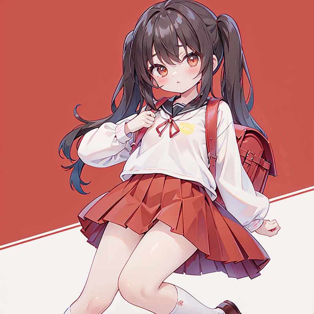 1girl,The best composition、Highest quality、Masterpiece、Twin tails、Landscape、skip、強風にあおられた小学生のが前に進めずTwin tailsがオールバックになっている、Red dress、Shiori high socks、Brown Loafers、Red School Bag、Primary yellow background、