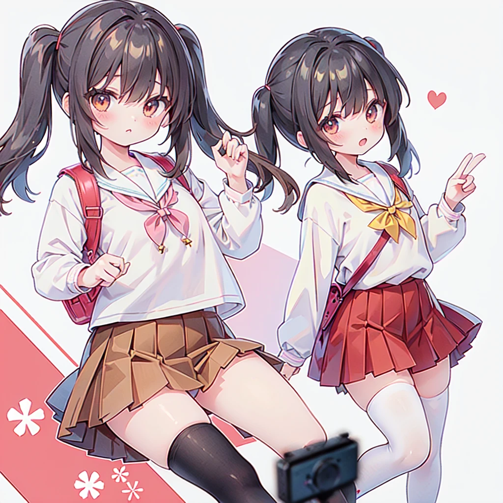1girl,The best composition、Highest quality、Masterpiece、Twin tails、Landscape、skip、強風にあおられた小学生のが前に進めずTwin tailsがオールバックになっている、Red dress、Shiori high socks、Brown Loafers、Red School Bag、Primary yellow background、