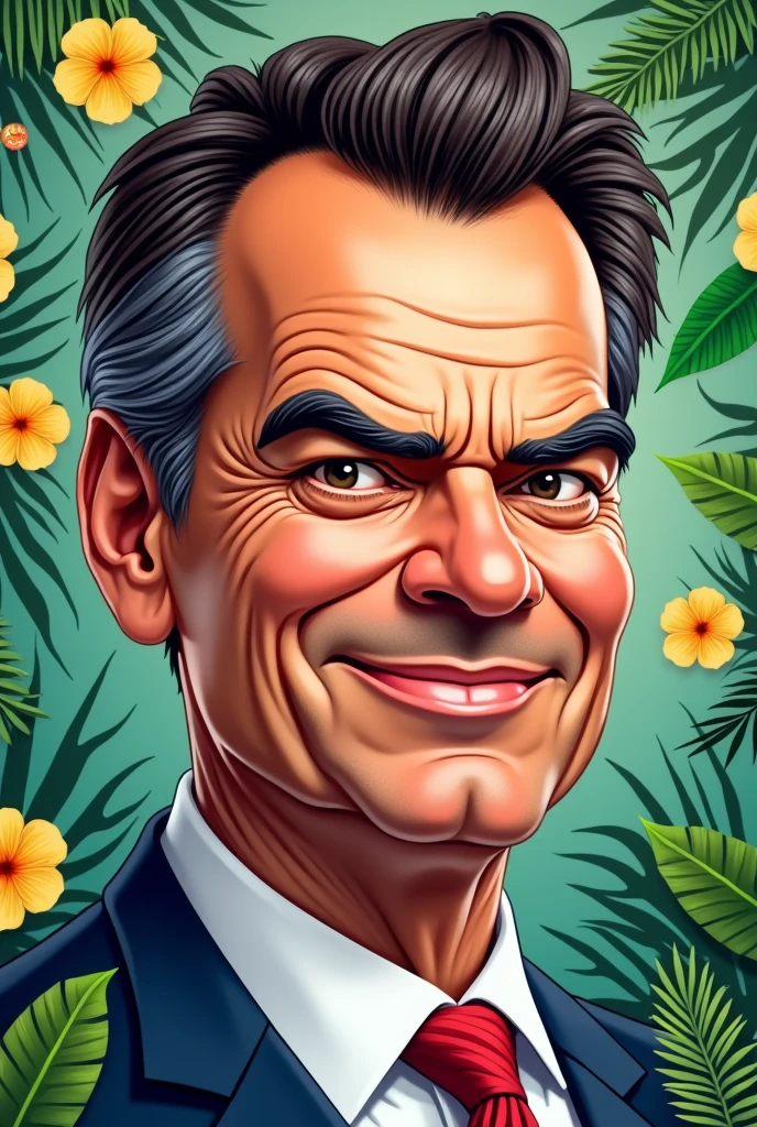 "Create a detailed and colorful caricature of the former president of Brazil, Jair Bolsonaro. cartoon. Focus on the head only, Ensure the caricature captures his distinct characteristics, such as his sharp nose, thick eyebrows, and recognizable hairstyle. The image should be vibrant and playful, with exaggerated proportions that highlight his most recognizable traits."
