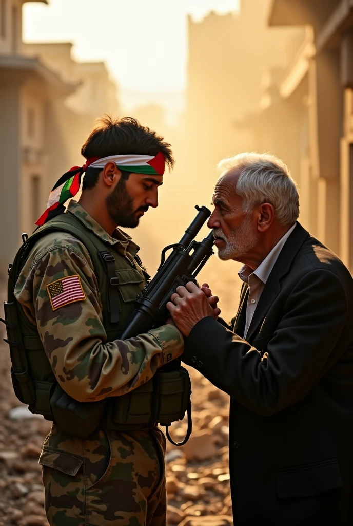 Picture of a Palestinian soldier wearing a Palestinian flag headband carrying an RPG kissing his father's and mother's hands in front of a collapsed building.
