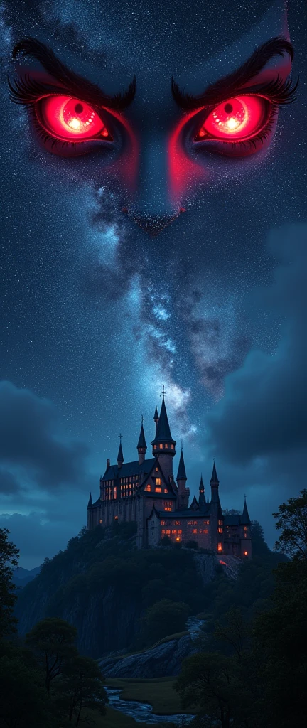 an epic comic anime picture of a ((of 2 glowing red eyes: 1.3)) formed in the night sky full of  stars, BREAK a ((2 of vampire fangs: 1.3))  formed in the night sky ((full many of stars, shining stars: 1.5)), dark goth fantasy castle background,Ultra-high resolution, High Contrast, (masterpiece:1.5), highest quality, Best aesthetics), 16K fantasy art, best details, best quality, highres, (ultra wide angle: 1.2), 16k, [ultra detailed], masterpiece, best quality, (extremely detailed)