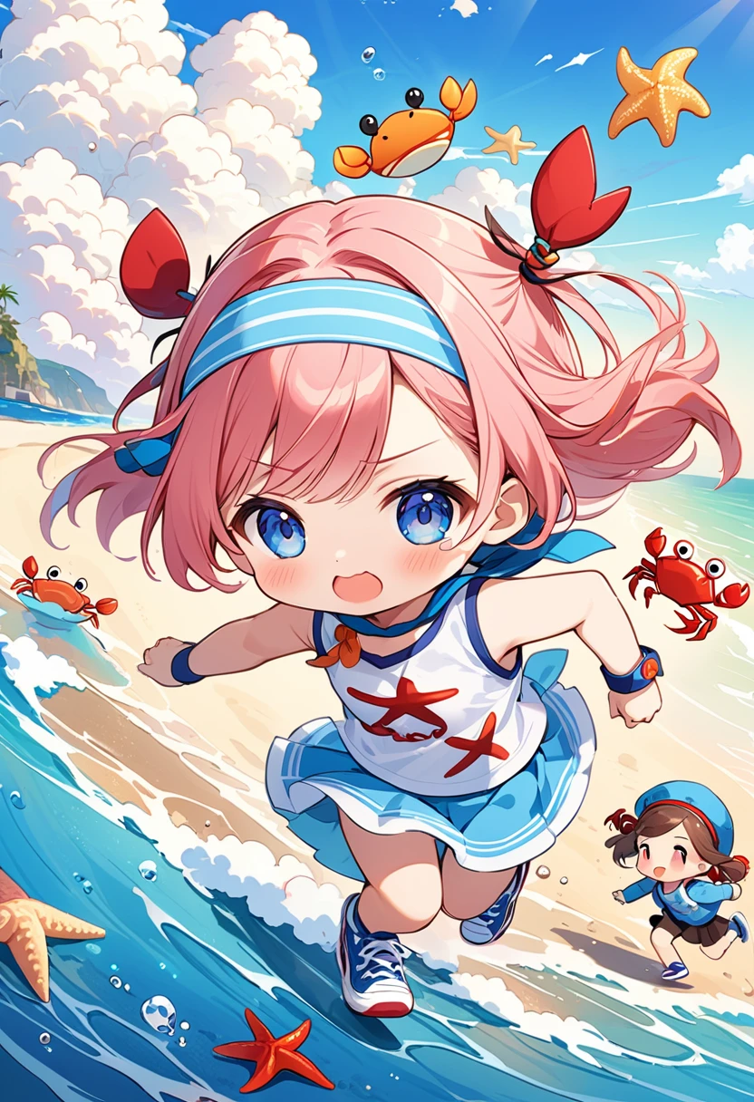 Highest quality、High resolution、Detailed Background、Beautiful face in every detail、Anatomically correct、Detailed facial expressions、fine grain、((full body, from front:1.2,  looking viewer:1.2)), break　((One Girl:1.2)、((Chibi Girl:1.2)))、Bright pretty hair color、Big beautiful blue eyes、Fuller lips、Pink Lips、Braided twintails、Ahoge、(Sprint:1.2)、(Cute sleeveless T-shirt、Cute Skirt、Cute sneakers、Cute Headband)、break　((Run away in a hurry、大きなStarfishが追いかけてくる:1.5))、Facial expressions holding back from crying、((背景は巨大Starfish、coastal、cumulonimbus、crab、Starfish:1.5))
