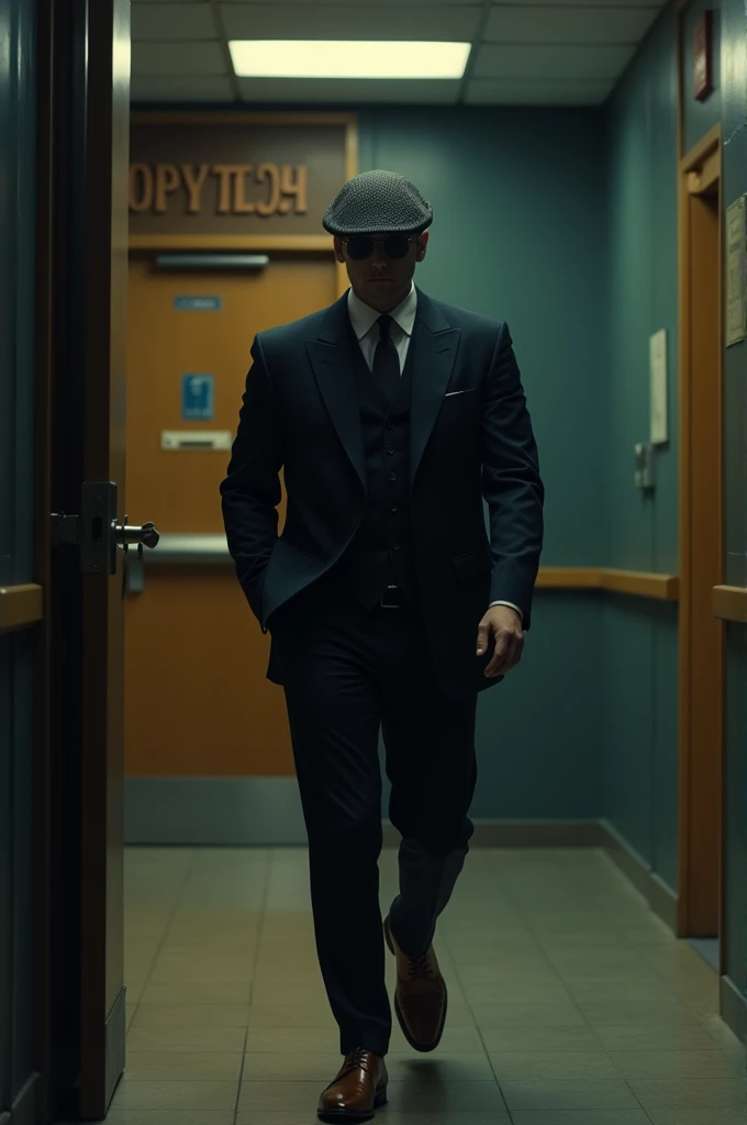 I want to create a drown skin men wearing gentleman suit wearing peaky blinder cap, wearing a golden brown high cut shoe and a sunglass walking into a school lecture all. The main idea of the image is for a business student. With a writing on the door "Polytech DBSM4"