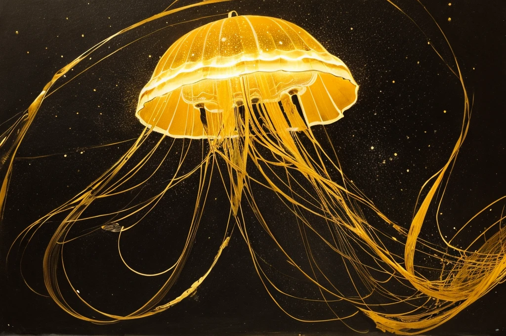 very large,one jellyfish,monochrome,old painting,yellow background,Rantan,galaxy