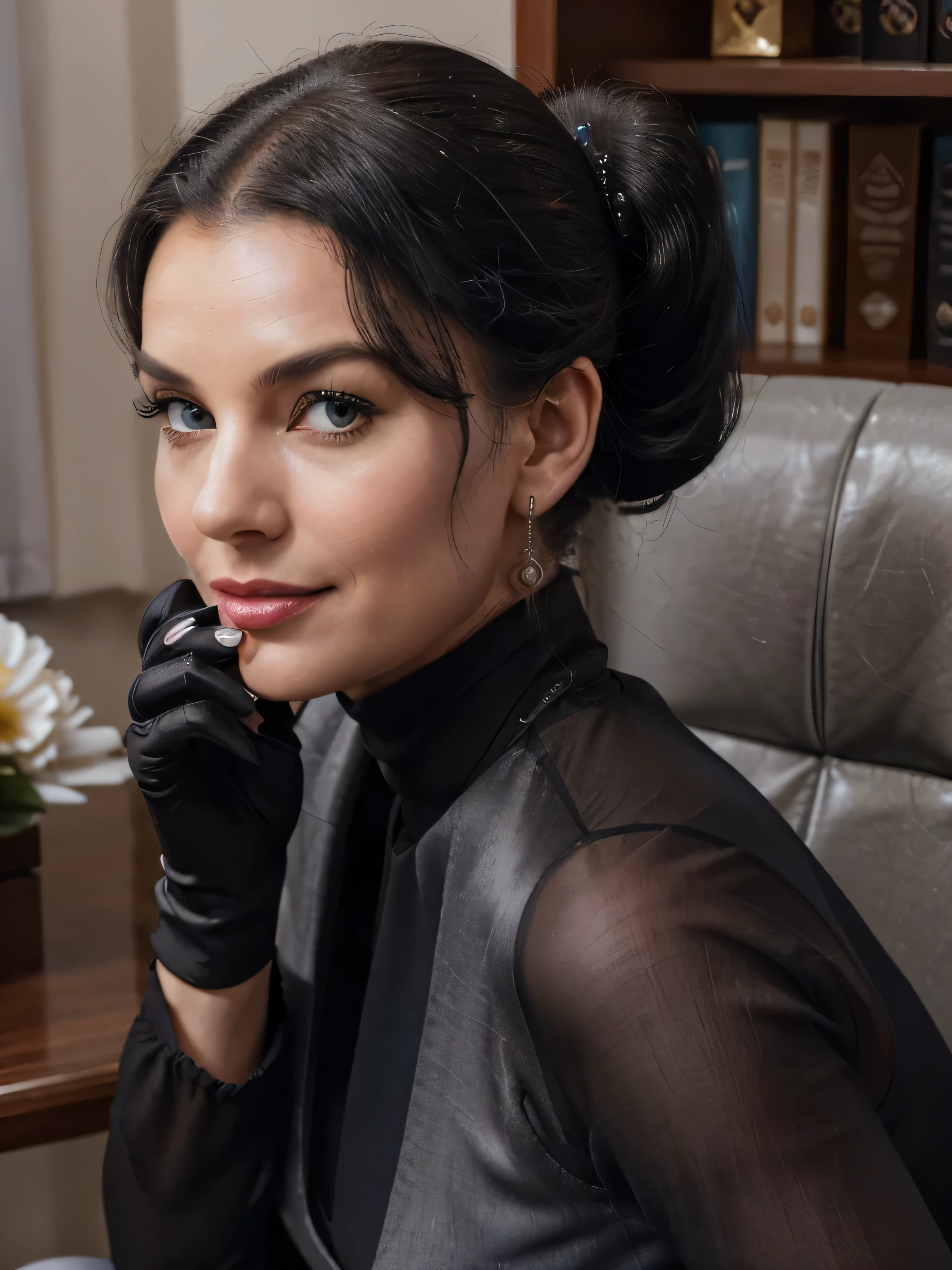 photo of an enigmatic and elegant smile of the female prime minister of parliament sitting in her luxury office chair ,near your desk, taking a sip of tea , amazing blue eyes, beautiful face and lips, kind smile,Bettie Page at 45 , she is flirting with the camera ,, Bettie has a gray double-breasted coat and a gray turtleneck sweater. , and a long black maxi skirt(long black maxi skirt:1.2(( black ponytail hair)) (( she is wearing her favorite vintage gray silk gloves )) ((she is looking into the eyes of the man she loves))