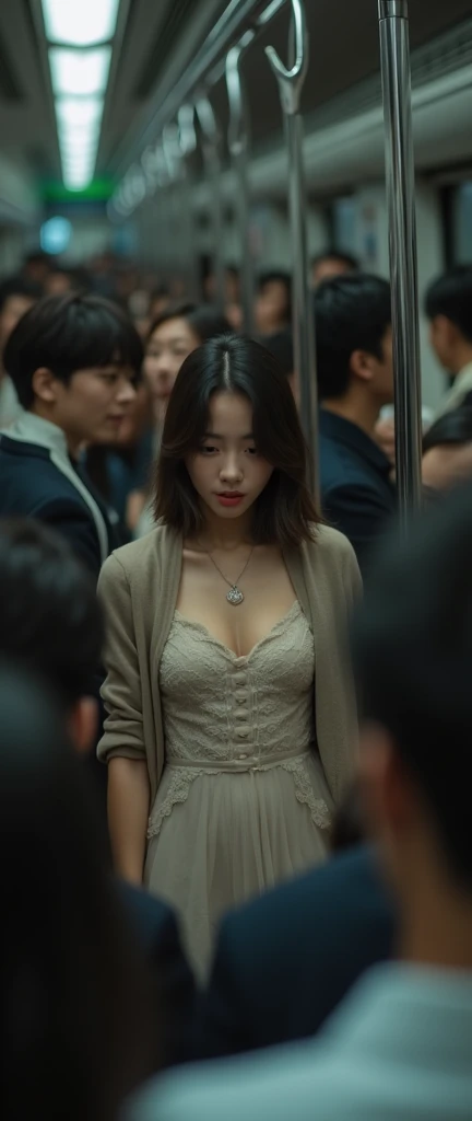 (32K:1.9, Highest quality, masterpiece, Ultra-high resolution, Professional low-angle camerawork:1.5, Very detailedな肌と顔の質感:1.4), Always accurate, Very detailed, bag, (((((Crowded train:2.0, Crazy behavior:2.2, A man touches a woman's body:2.5))))), ((25 year old Japanese woman, Big breasts on the verge of collapse:1.2, Camisole dress and cardigan:1.5, Incredibly slim body:1.3, areola is not visible)), belt, Fair skin, elegant, sense of cleanliness, Thin eyebrows, (Big eyes that exude beautiful eroticism:0.4, A shy smile:1.0, I despise you from the bottom of my heart:0.8, Please open your mouth a little, lipstick, Feel the beautiful eroticism:0.9, Dark brown medium hair), Earrings, necklace, bracelet, romantic, mysterious, Object of admiration, original, dramatic, artistic, Innovative, charm, Heartful, Fancy, Tilt, sense of loss, special, ((exciting, Extreme, sense of openness, suffering, sufferingの表現)), (((Mistakes made due to youth, 女性的なcharm)))
