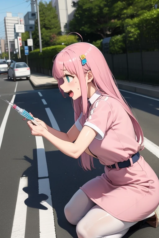 ((Last)), One person, Outdoor, Tokyo Street, Perfect Face, ((Goto One personで,Improve)), White face, Improve,Square hair ornament,Pink Long Hair,Take medication,Take medication,Take medication,Take medication,口を開けてTake medication,Pink clothes,syringe,syringe,syringe,syringe,Ahegao