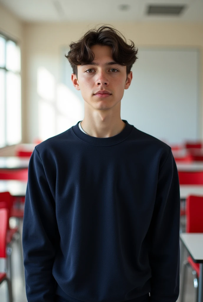 Create a hyper realistic poster of a white 16 year old MAN, with wavy brown hair and dark brown eyes, hairstyle must be short curtains/middle part, slim build, dark navy blue sweater/jersey, background must be a white empty classroom with white desks and red chairs, in the University of the Incarnate Word Bajío, Mexico, facial expression must be neutral. Ethnicity must be white. Soft facial features, And a feminine jawline with a short ramus length. Poster must include a text saying “Alfred Brizuela”. Soft jawline. Hair length is slightly short