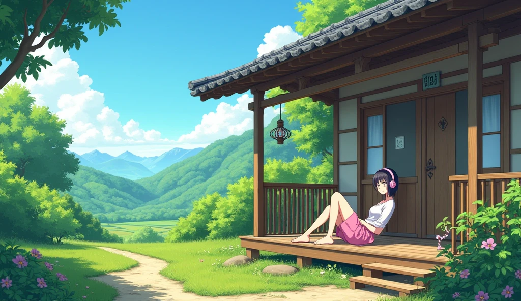Perfect image, 8k, noon、A high school girl listening to music on a cozy veranda,holiday、 Using headphones, 2D-style animation, Lo-Fi, hard disk, Big Breasts、one's home、wind chimes、summer、Retro、Japanese style、Wooden house、Single-story house、countryside