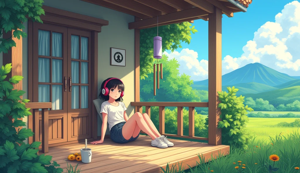 Perfect image, 8k, noon、A high school girl listening to music on a cozy veranda,holiday、 Using headphones, 2D-style animation, Lo-Fi, hard disk, Big Breasts、one&#39;s home、wind chimes、summer、Retro、Japanese style、Wooden house、Single-story house、countryside