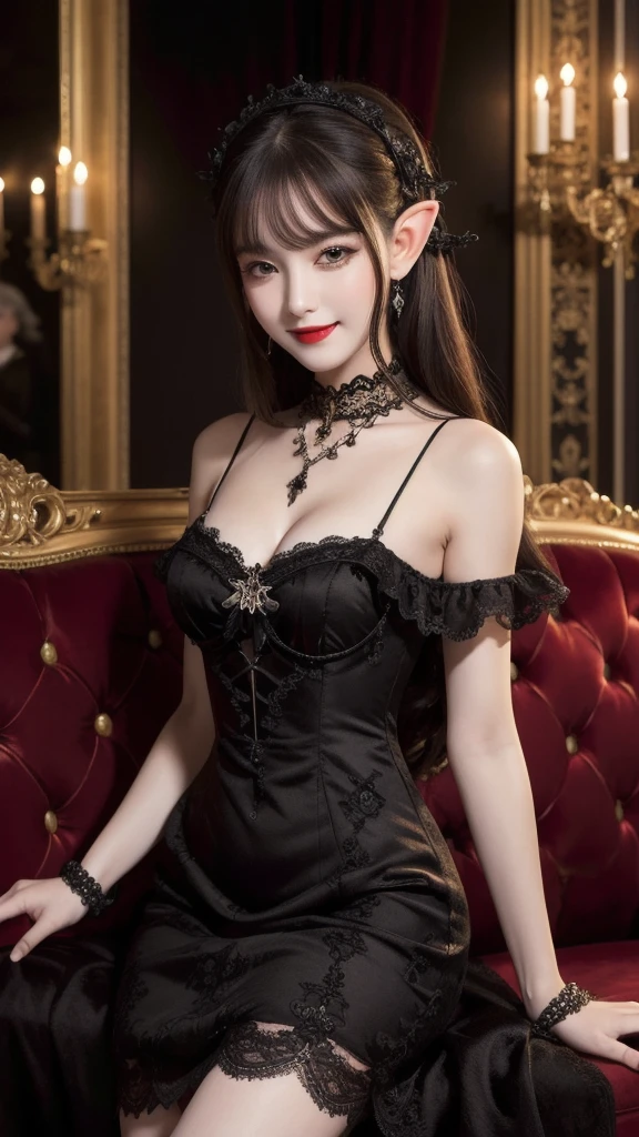 Masterpiece、8K High Resolution、Baroque, Gothicta, cute, One Smiling Elf, whole body, Black sofa, Black Dress, Mysterious, White lace, High resolution, Super detailed, Most detailed, Red lips