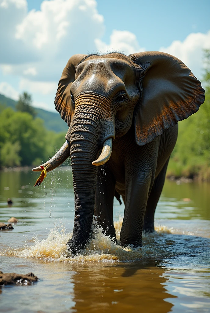 Create a realistic image an elephant bathing in the river And holding a fish in its mouth And at the same time he is taking a dirty bath. Dirty seen him