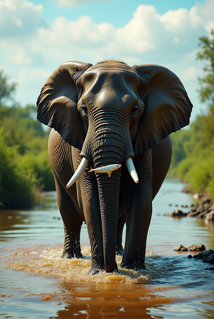 Create a realistic image an elephant bathing in the river And holding a fish in its mouth And at the same time he is taking a dirty bath. Dirty seen him
