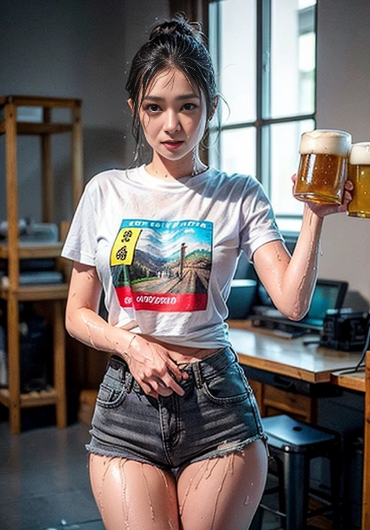 A boldly composed photograph of a Japanese woman that looks like it was taken by a famous artistic photographer, (((Blockbuster art photography)), (8k, Highest quality). A stunning composition using a model with excellent proportions. Perfect beauty model with a confident and balanced appearance, ((Highest quality質)), ((masterpiece)), (Familiar:1.4), ((Highest quality質のリアルな写真)), ((Shot with Hasselblad)), ((Best photo quality)), Beautiful womanの画像,Super Resolution,Slim and perfectly proportioned, Beautiful woman, ((Highest quality質, 8k, masterpiece: 1.3)), Beautiful woman, 1 female, Slim figure: 1.1, Perfect beauty, 20-year-old, (Realistic: 1.4), Ahegao, Shining Sweat, thin, Art photo composition with space around the woman, See through, (((Filming in a spacious studio))), (((The background is only gray and there is nothing.))), Full body photo, Anatomically correct hand, Anatomically correct legs, anatomically correct whole body, Marble room, White t-shirt and shorts. Cowboy Shot, (((Holding your crotch with your hand))). Spread your legs, drinking beer, Nipples are protruding,, (((Your T-shirt is wet with beer))),