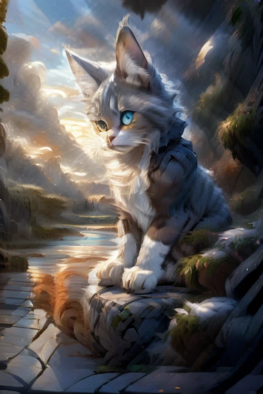 A cat from a fantasy world with navy blue fur, sitting looking at the landscape