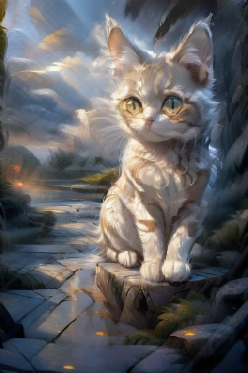 A cat from a fantasy world with navy blue fur, sitting looking at the landscape