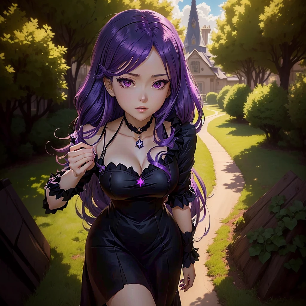 anime girl with purple hair and black dress posing in front of trees, in an anime, pin on anime, shalltear from overlord, in the anime film, anime opening, anime best girl, anime visual style, style anime, witch academia, in the art style of 8 0 s anime, as an anime character, style of madhouse anime