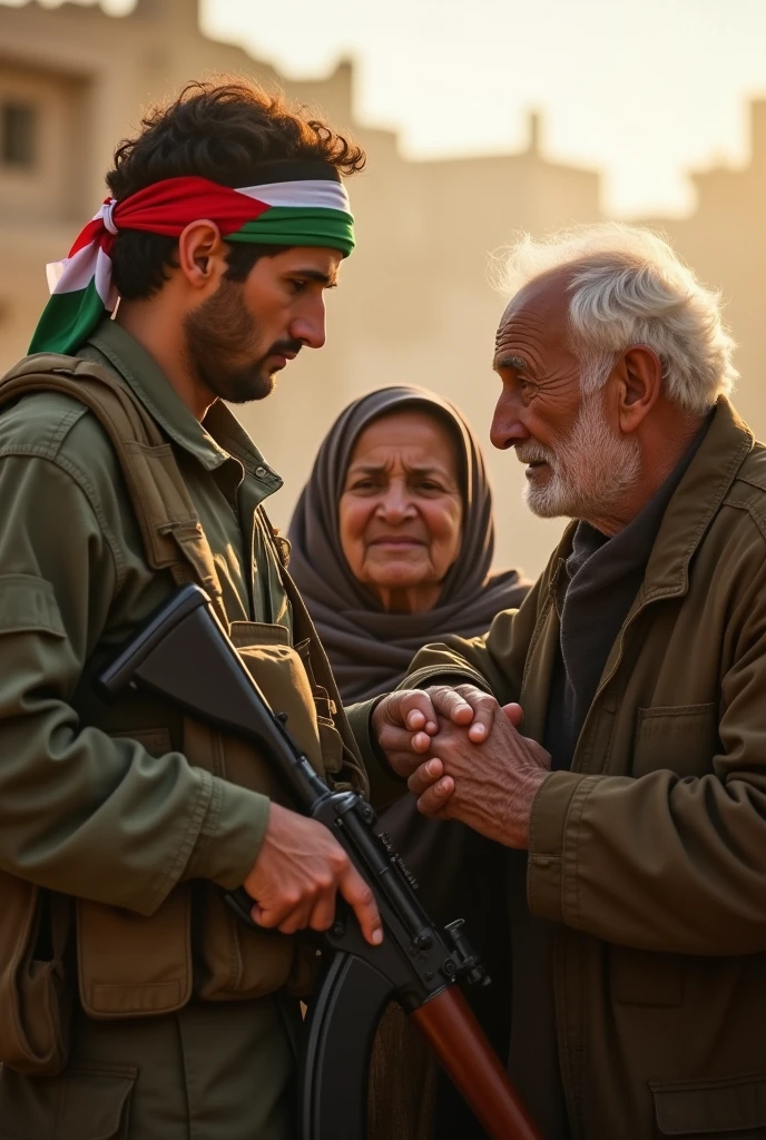 Picture of a Palestinian soldier wearing a Palestinian flag headband carrying an RPG kissing his father's and mother's hands in front of a collapsed building.