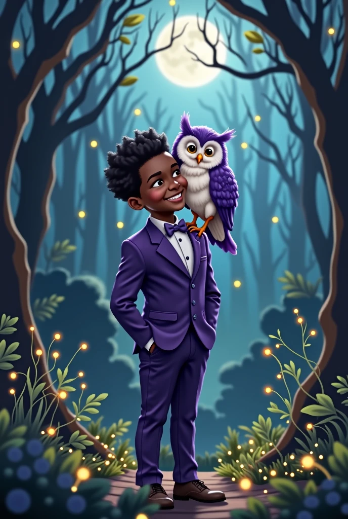 Owl and a black boy in a purple suit 