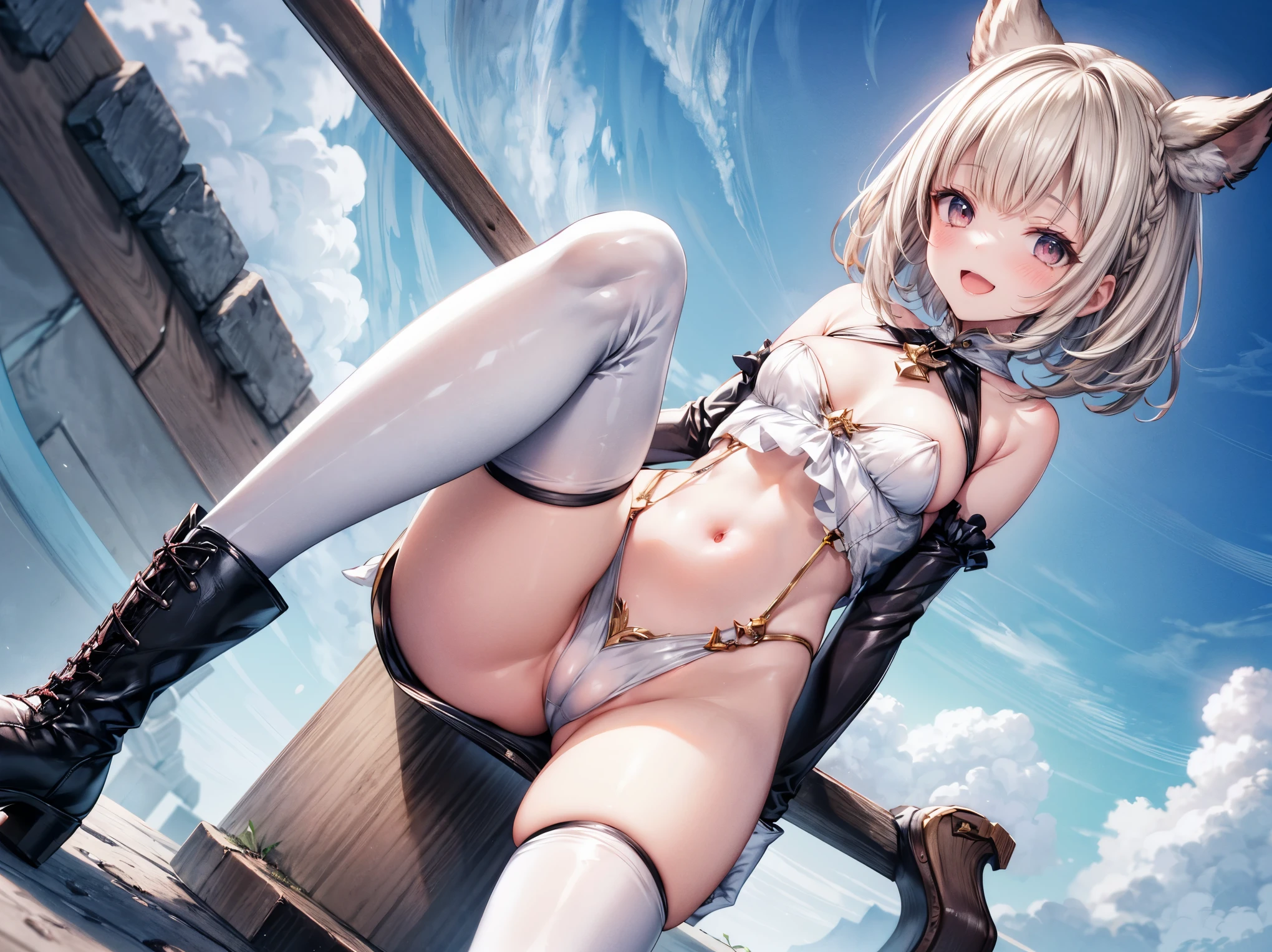 GRANBLUEfantasy,ung_teeirl,brown_hair,medium_bob_hair,platina_blond_hair,white_leotard,covered_crotch,thigh-highs,smile,standing,bluesky_landscape_background,slightly_spread_legs,happiness, short_gloves ,solo, r18, navel,relicbuster,short,boots,open_mouth,sitting,knees,blush,shy,piledriver,(crotch:1.3),solo,