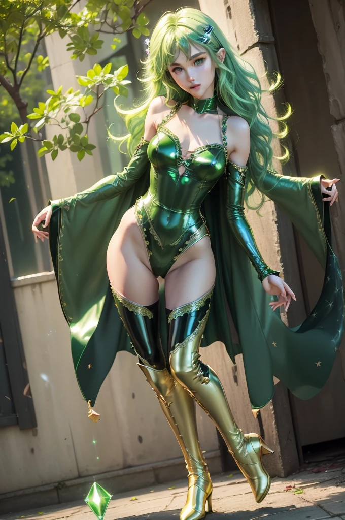 1girl,solo,(cowboy shot:1.2),standard height,standing,(green hair:1.2),long hair, flipped hair,bangs,(hair ornament:1.4),(green eyes:1.2),(beautiful fingers:1.6),(perfect anatomy:1.6),(arms_behind_back:1.6),BREAK,(green leather lace glossy silk lamé leotard:1.4),(latex luster shiny glossy metallic:1.6),(shiny_clothes:1.6),masterpiece,best quality,(Ultra high definition eyes:1.2),8k,(Beautiful detailed eyes:1.2),(Fine and beautiful eyes:1.2),(pretty eyes:1.2),finely detail,extremely CG, absurdres,high resolution,illustration,Detailed and beautiful outlines,finely detail,high resolution,(colorful refraction:1.4,Increase saturation:1.2),beautiful lighting,dynamic lighting,closed room,black background,simple background, smile,looking at viewer,rydia,(green cape:1.2), belt, detached sleeves,(green thigh boots:1.4)